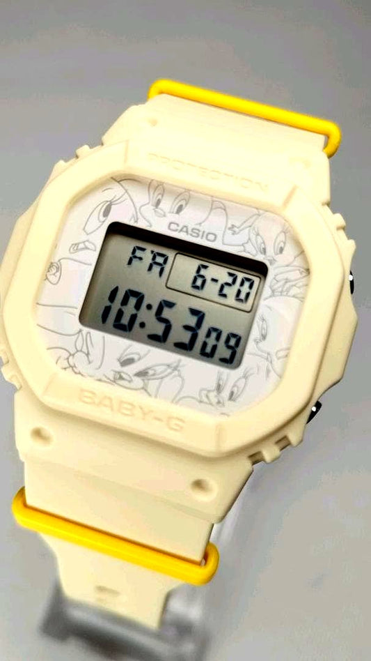 Casio Baby-G BGD-565TW-5JR Looney Tunes collaboration watch with pink Tweety Bird design and digital display