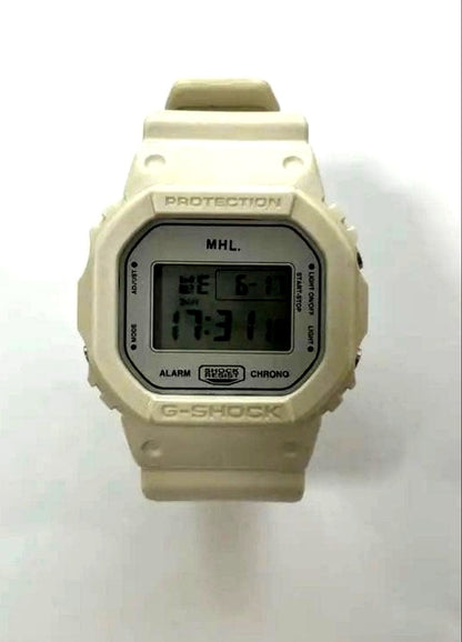 Casio G-Shock Margaret Howell collaboration white watch showing the dial and band with slight yellowing