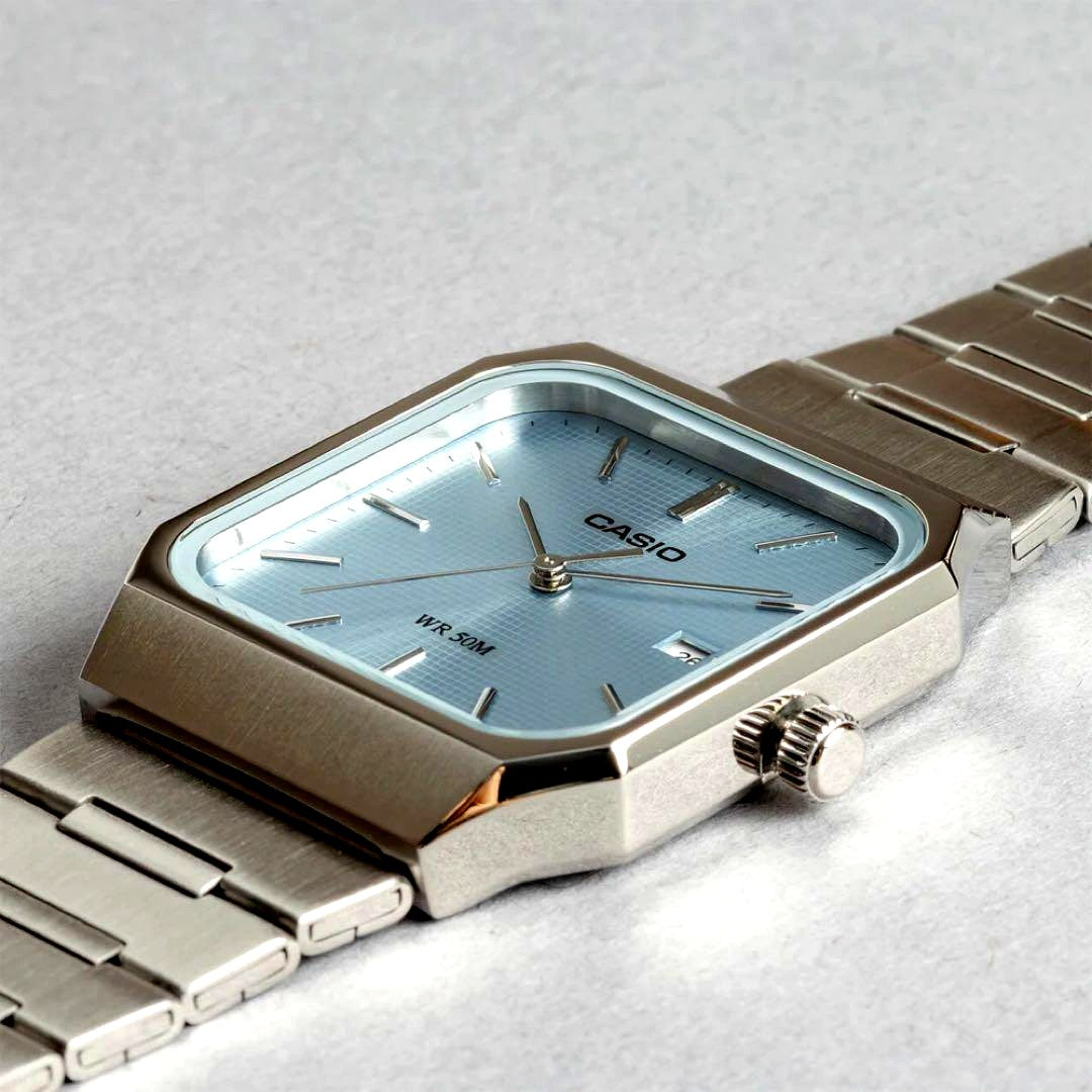 Casio MTP-B185D Series analog watch with rectangular stainless steel case and slim silver band