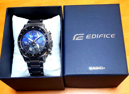 Casio Edifice Chronograph watch with blue dial and stainless steel case showing front view
