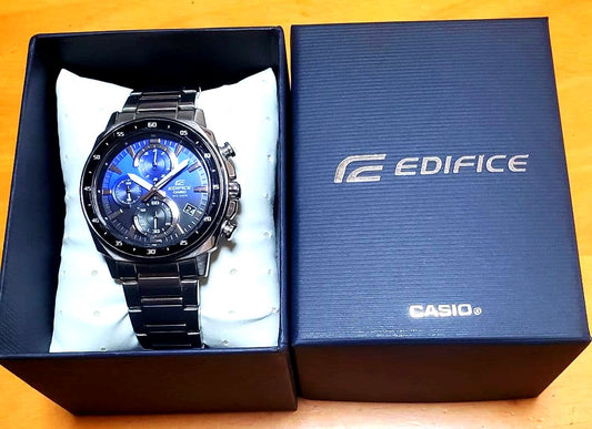 Casio Edifice Chronograph watch with blue dial and stainless steel case showing front view