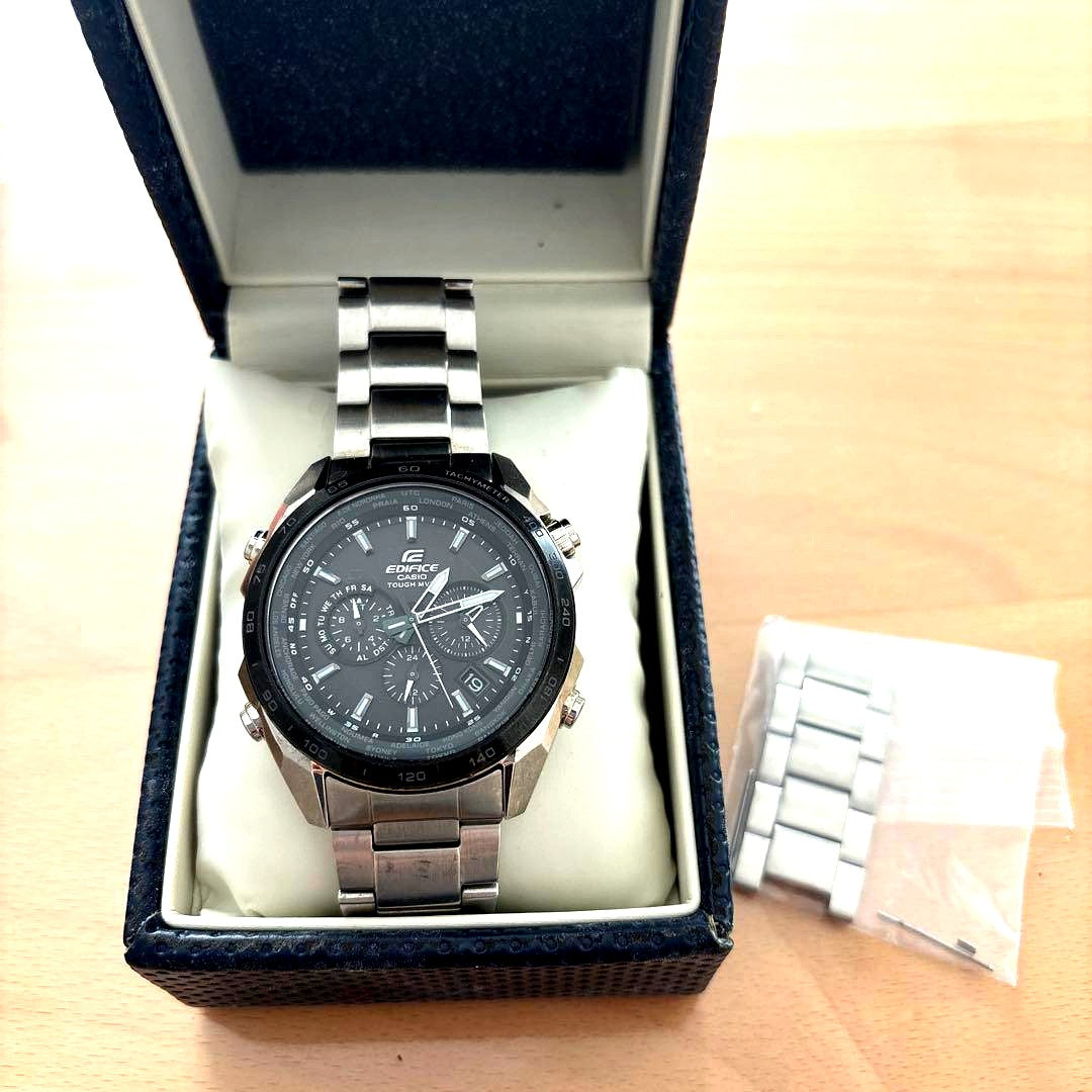 Casio Edifice black stainless steel chronograph watch showing the dial and strap