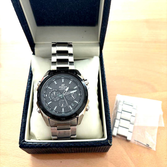 Casio Edifice black stainless steel chronograph watch showing the dial and strap