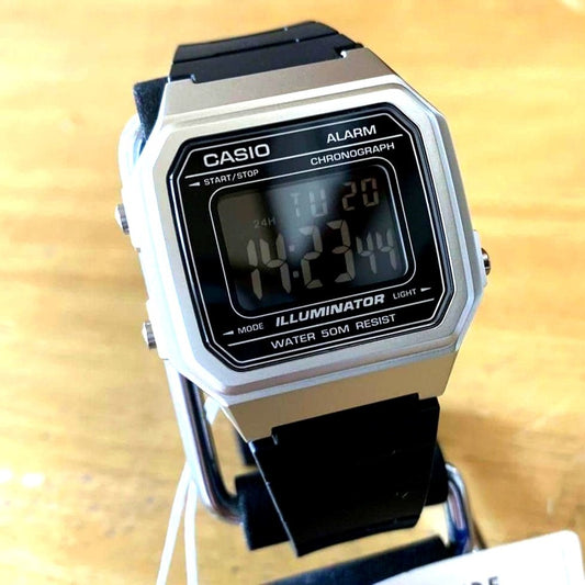 Casio Men's W-217HM-7B watch featuring a silver case, black dial, and black band with chronograph and backlight