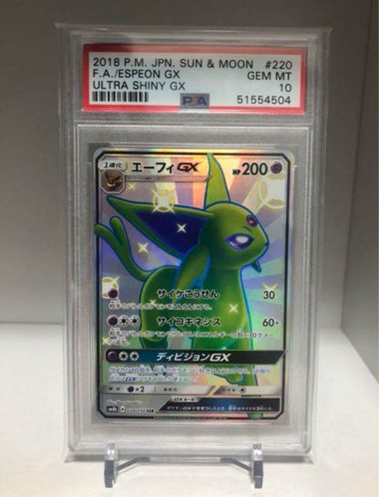 Pokemon Espeon GX trading card with PSA 10 grade and variant color