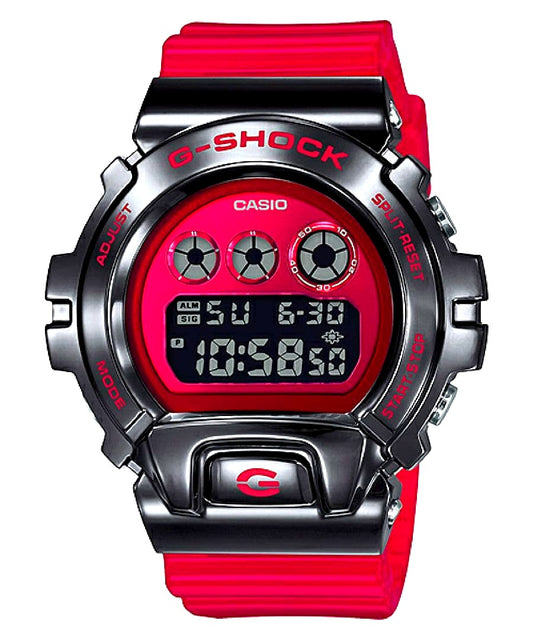 Casio G-Shock DW-6900 watch with stainless steel bezel and red semi-transparent skeleton band on black background