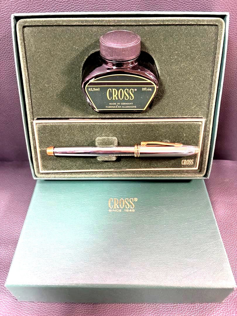 Cross Townsend Pen Ink Set Old Logo Gold Nib Fountain Pen with Ink Bottle and Box — Japan Import