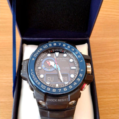 Casio G-Shock GWN-1000B Gulfmaster watch with blue bezel, resin and steel case, shown front view