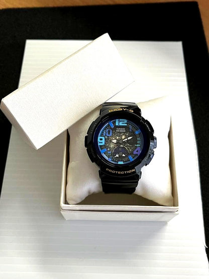 Casio Baby-G BGA-190GL wristwatch with black and gold design showing clear scratch-free glass and illuminated display