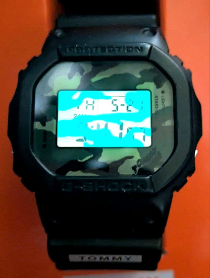 Casio G-Shock DW-5600VT Tommy collaboration digital watch with camouflage backlight and black resin band