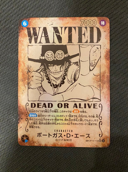 One Piece Portgas D. Ace trading card OP13-119 showing character artwork on standard card size