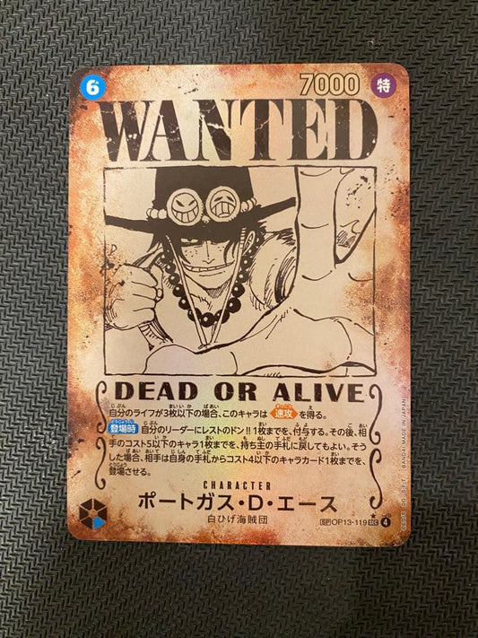 One Piece Portgas D. Ace trading card OP13-119 showing character artwork on standard card size