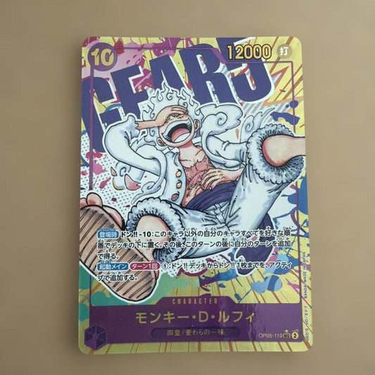 One Piece Luffy Nika Secret Parallel trading card showing front artwork of Luffy with minor white stain on back top