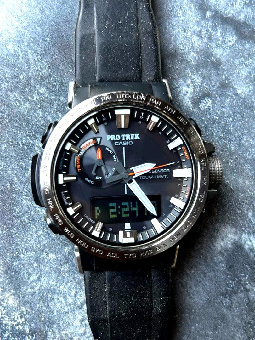 Casio Pro Trek PRW-60Y-1AJF black watch with analog and digital display featuring triple sensor