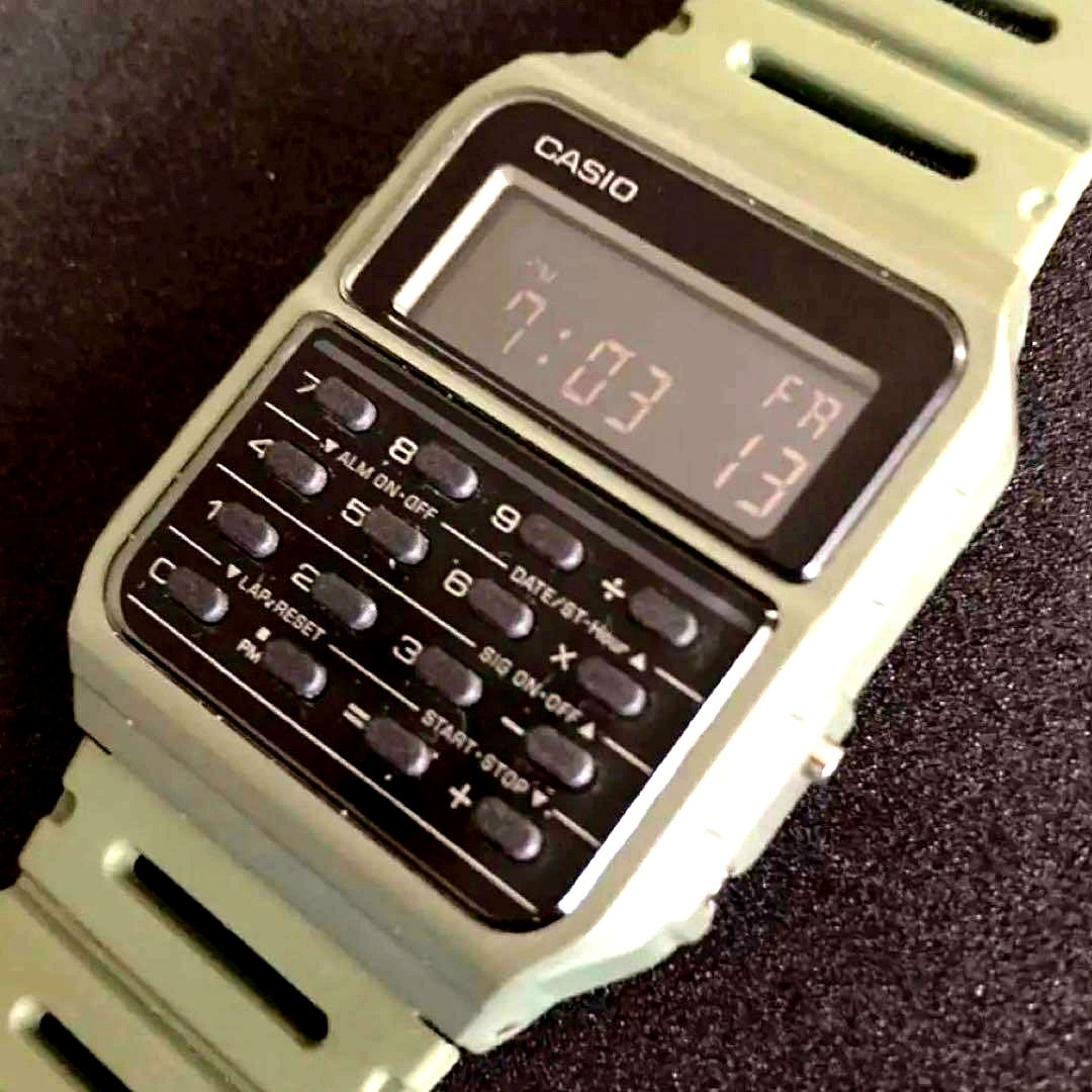 Casio Data Bank DK-3000 vintage khaki calculator digital watch with stopwatch and alarm functions