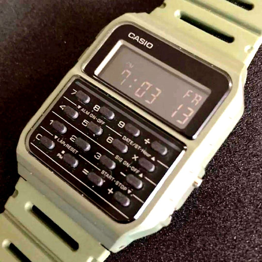 Casio Data Bank DK-3000 vintage khaki calculator digital watch with stopwatch and alarm functions