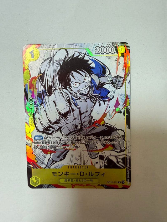 One Piece Monkey D. Luffy OP10-111 trading card with Supernova feature and Straw Hat Pirates logo