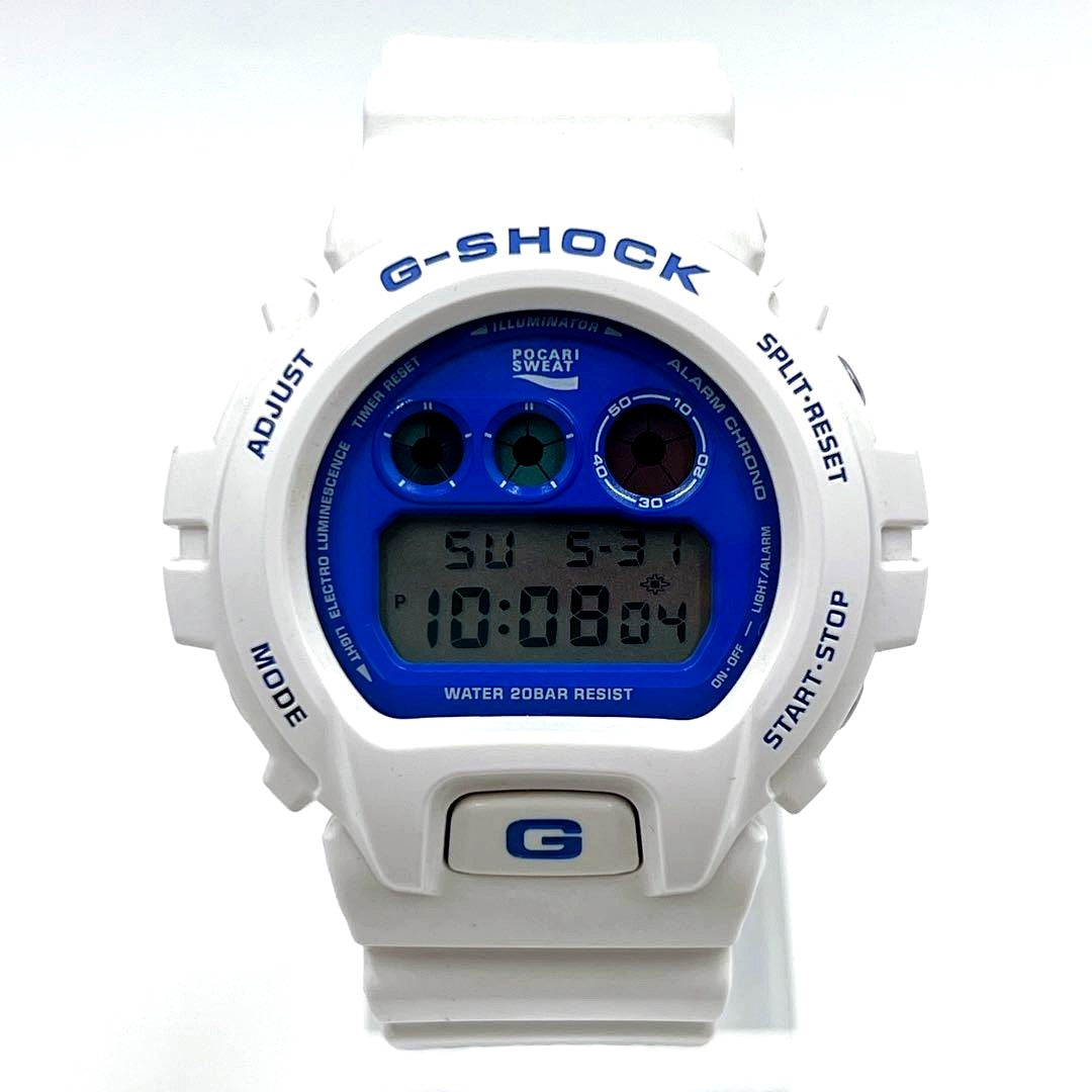 Casio G-Shock DW-6900FS Pocari Sweat 2011 limited edition collaboration watch with black strap and logo glow EL backlight.