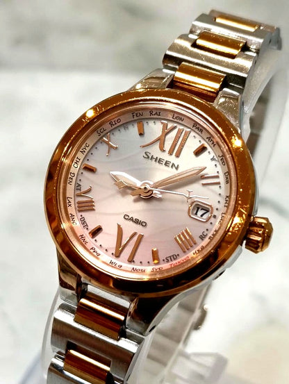 Casio Sheen 5435 SHW-1700 pink gold radio wave solar watch showing dial and band