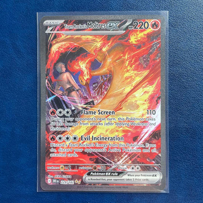 Team Rocket's Moltres ex SAR Pokémon Card from Destined Rivals English Edition in protective sleeve