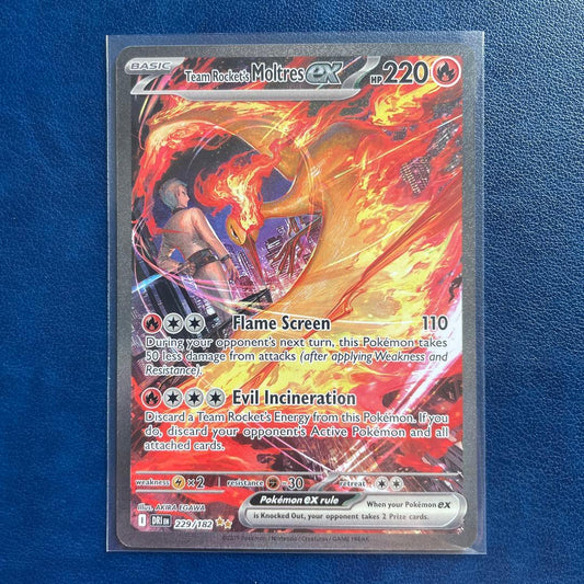 Team Rocket's Moltres ex SAR Pokémon Card from Destined Rivals English Edition in protective sleeve