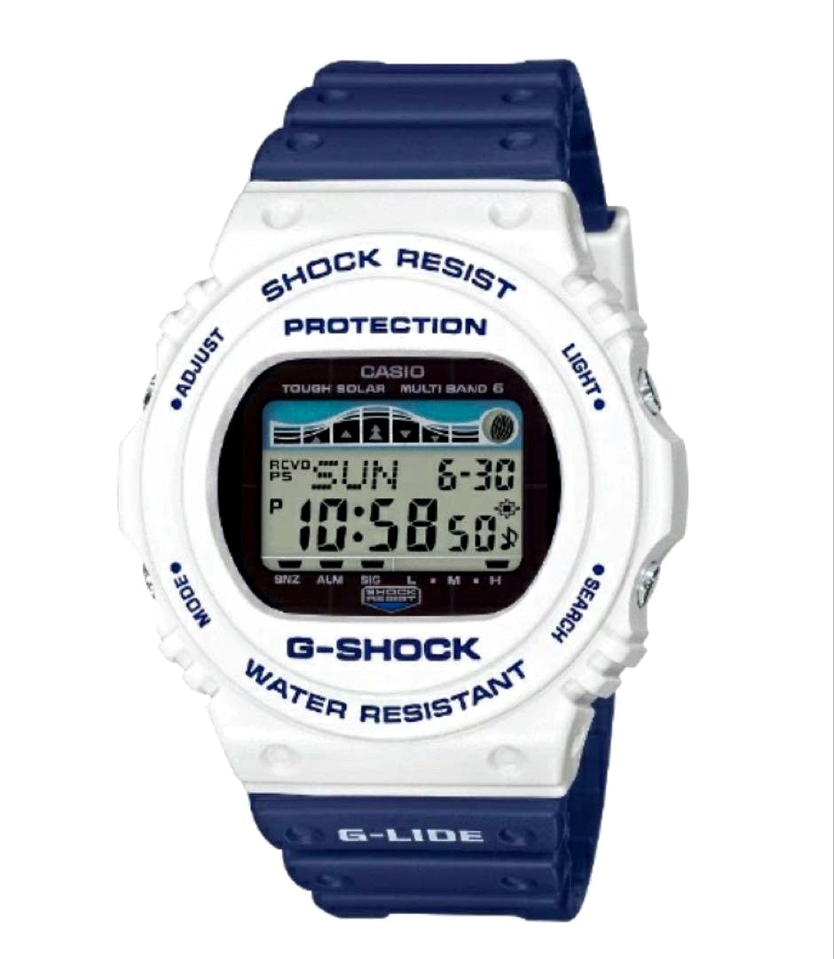 Casio G-Shock GWX-5700SS-7JF model watch with white resin band and tide graph display