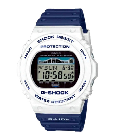 Casio G-Shock GWX-5700SS-7JF model watch with white resin band and tide graph display