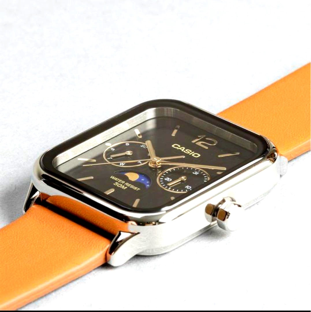 Casio MTP-M305L-1A watch with black dial, moon phase display, and brown leather band