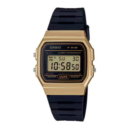 Casio F-91WM-9AJH Gold Limited Edition digital watch with black and gold resin band and slim case