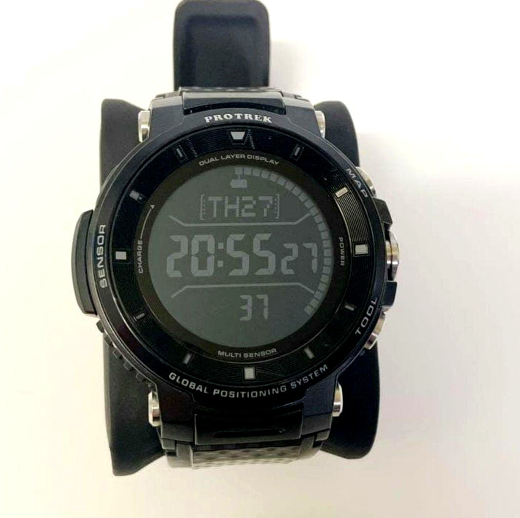 Casio PRO TREK Smart WSD-F30-BK smartwatch with black resin and silicone band showing display