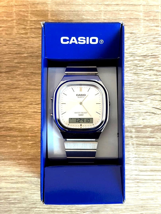 Casio Classic AQ-240E-7AJF watch with rectangular analog and digital display, metal band, resin case