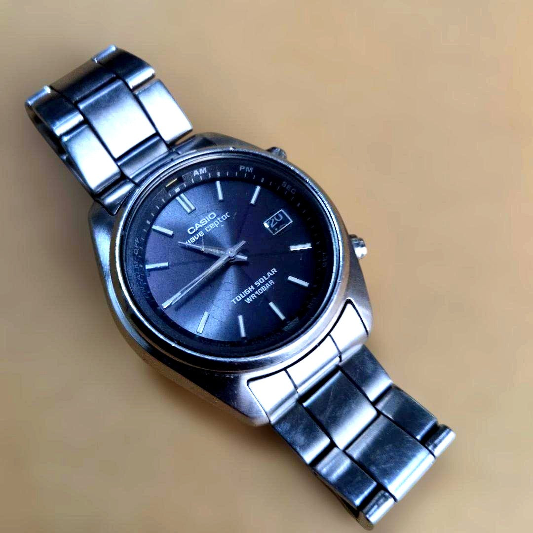 Casio Tough Solar Radio Wave Watch with stainless steel band and date display, 26mm diameter