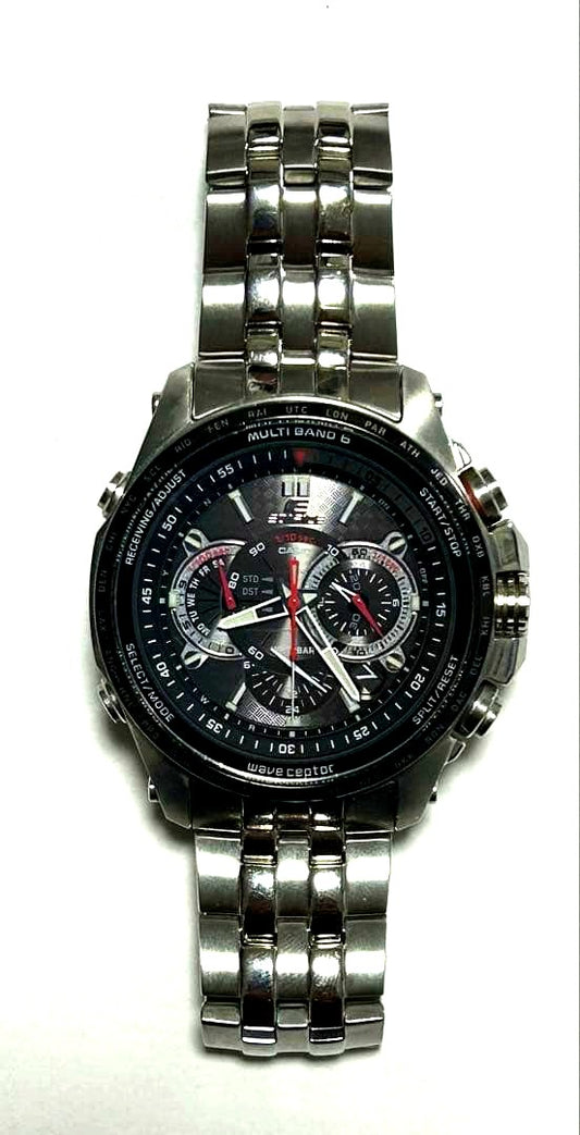 Casio Edifice EQW M7100B radio wave solar watch with black dial and stainless steel band