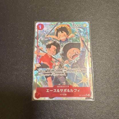 One Piece Trademark Card featuring Ace, Sabo, and Luffy from series OP13-007 SR Parallel, Japan import