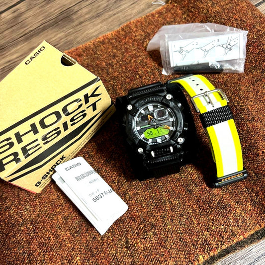 Casio G-Shock GA-900E-1A3 tough watch with resin case and band, black and green color, digital analog display