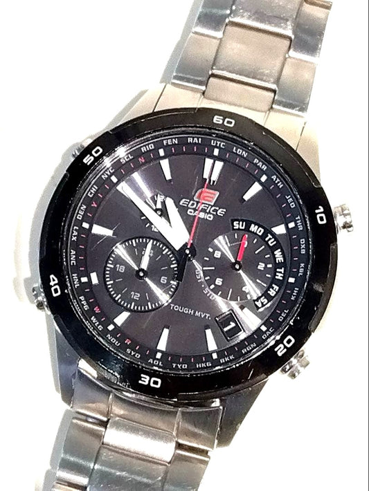 Casio Edifice EQW-560 stainless steel analog solar-powered watch with world time and radio-controlled timekeeping