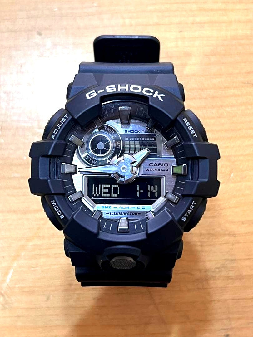 Casio G-Shock GA-710-1AJF watch with silver dial, black resin case and strap, 20ATM waterproof