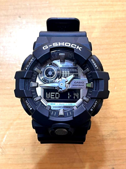 Casio G-Shock GA-710-1AJF watch with silver dial, black resin case and strap, 20ATM waterproof