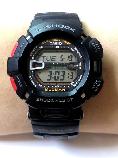 Casio G-Shock Mudman Model G-9000 digital watch with black resin band and illuminated display