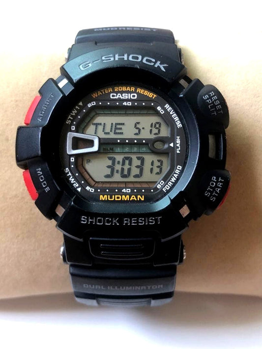 Casio G-Shock Mudman Model G-9000 digital watch with black resin band and illuminated display