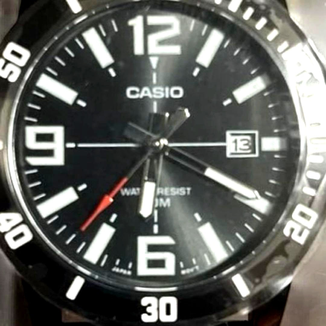 Casio MTP-VD01 analog watch with stainless steel case, aluminum bezel, and bio-based resin band