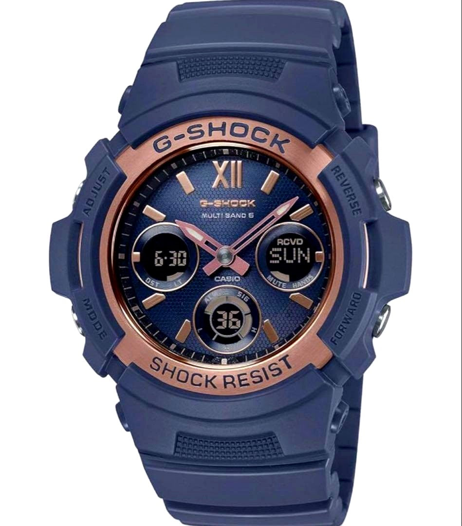 Casio G-Shock AWG-M100SNR-2AJF watch with royal blue silicone band and rose gold accents