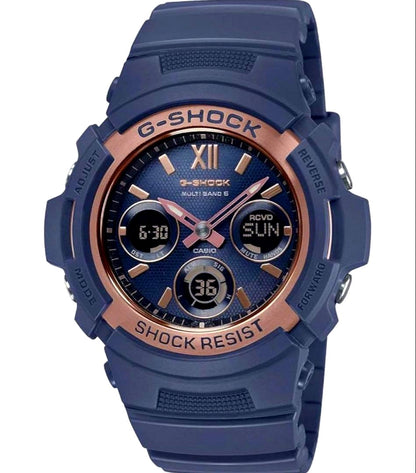 Casio G-Shock AWG-M100SNR-2AJF watch with royal blue silicone band and rose gold accents