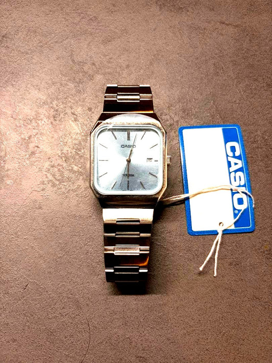 Casio MTP-B185D square wristwatch in ice blue and silver stainless steel with Japanese manual