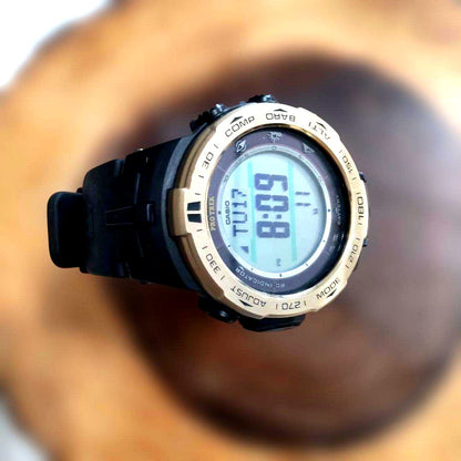 Casio Pro Trek Solar Gold Watch PRO TREK model with black and gold color and 50mm digital display