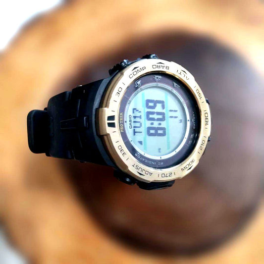 Casio Pro Trek Solar Gold Watch PRO TREK model with black and gold color and 50mm digital display
