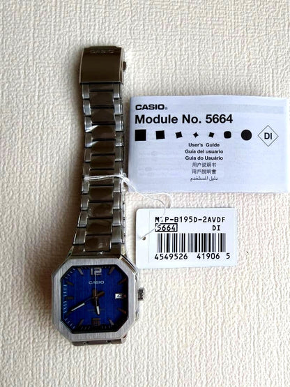 Casio MTP-B195D-2AVDF watch with blue dial and stainless steel case showing 5 ATM water resistance