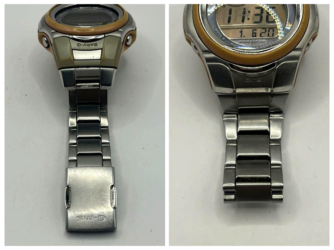 Casio Baby-G solar radio-controlled watch with metal band showing time and date, Japan import