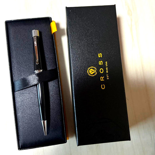 Cross black metal ballpoint pen with dedicated protective case on white background