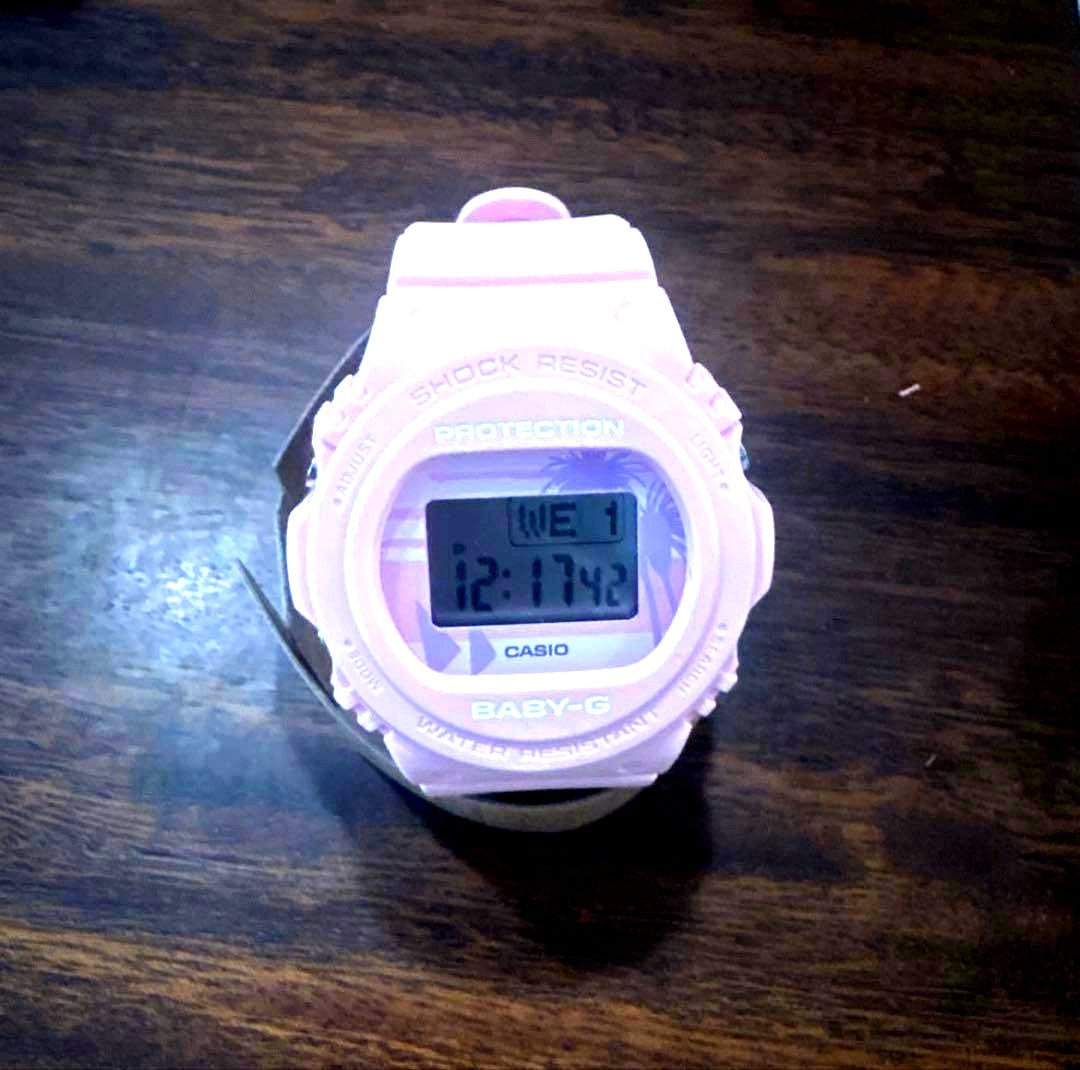 Casio Baby-G BGD-570BC-4JF pink digital watch with 80s beach colors and palm tree dial design